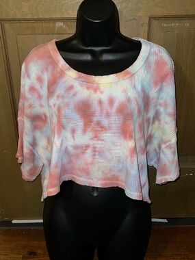 Offline by Aerie White Waffle Knit Custom Tie-Dye Crop Short Sleeve Top Size XL